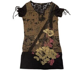 Libertalia Womens Tunic T-Shirt Tee Lace Sleeve Studded Boho Burnout Chic JR M